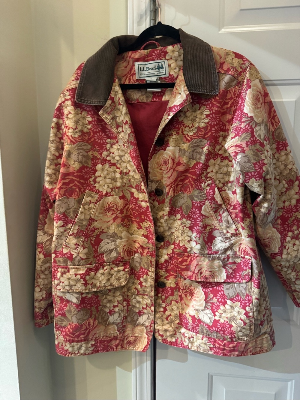 L.L. Bean Floral Canvas Utility Jacket with corduroy Brown Trim Collar Large - Picture 2 of 6